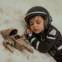 Exquisite high-fashion photography captures a young boy, peacefully sleeping in a sleek spacesuit, beside his meticulously cr
