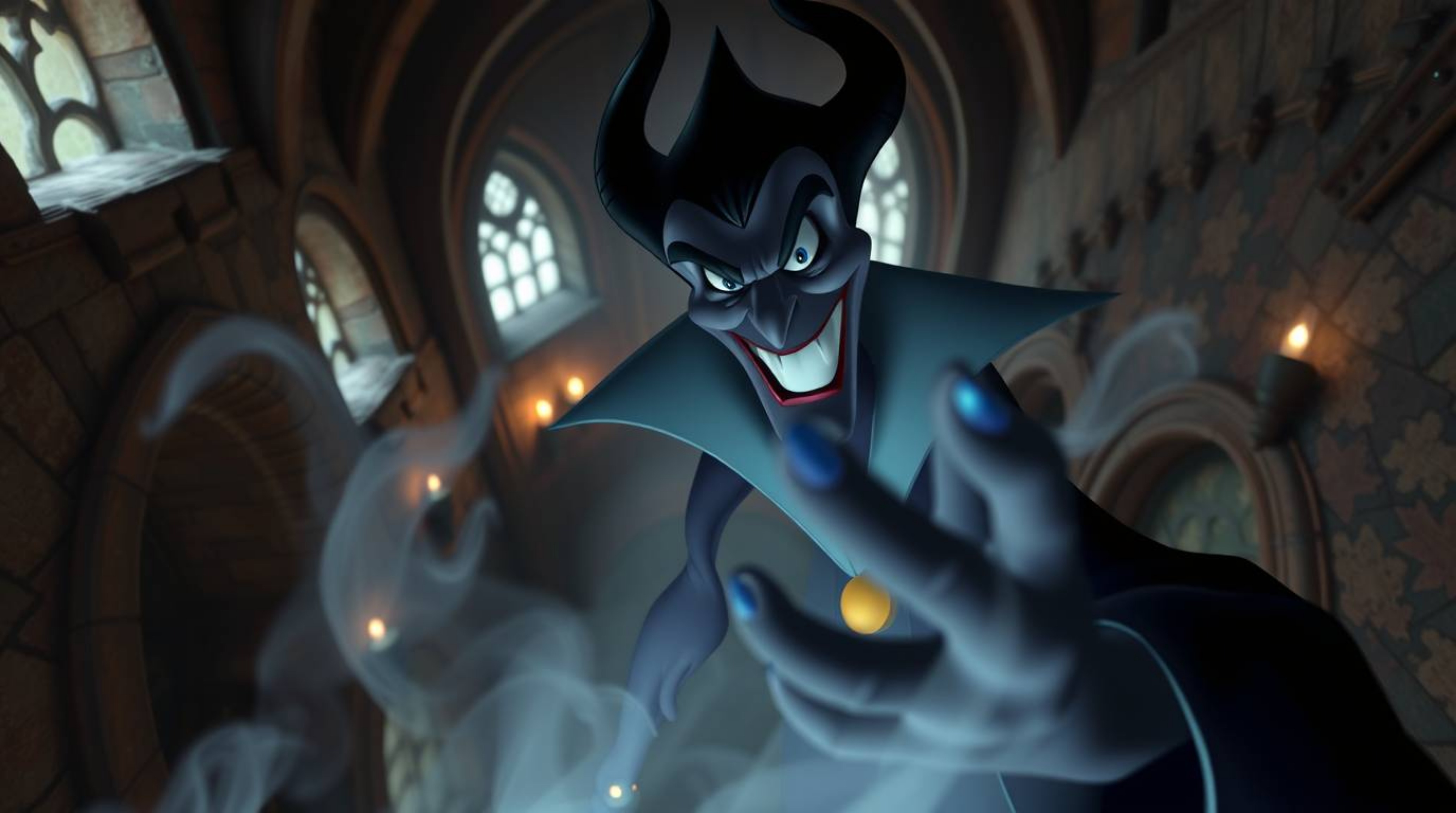 A captivating high-angle shot depicts a classic Disney villain with dark skin, a cruel smile, casting a spell within an ancie