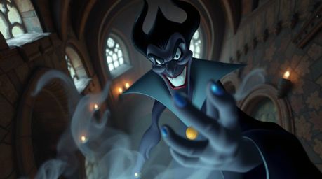 A captivating high-angle shot depicts a classic Disney villain with dark skin, a cruel smile, casting a spell within an ancie
