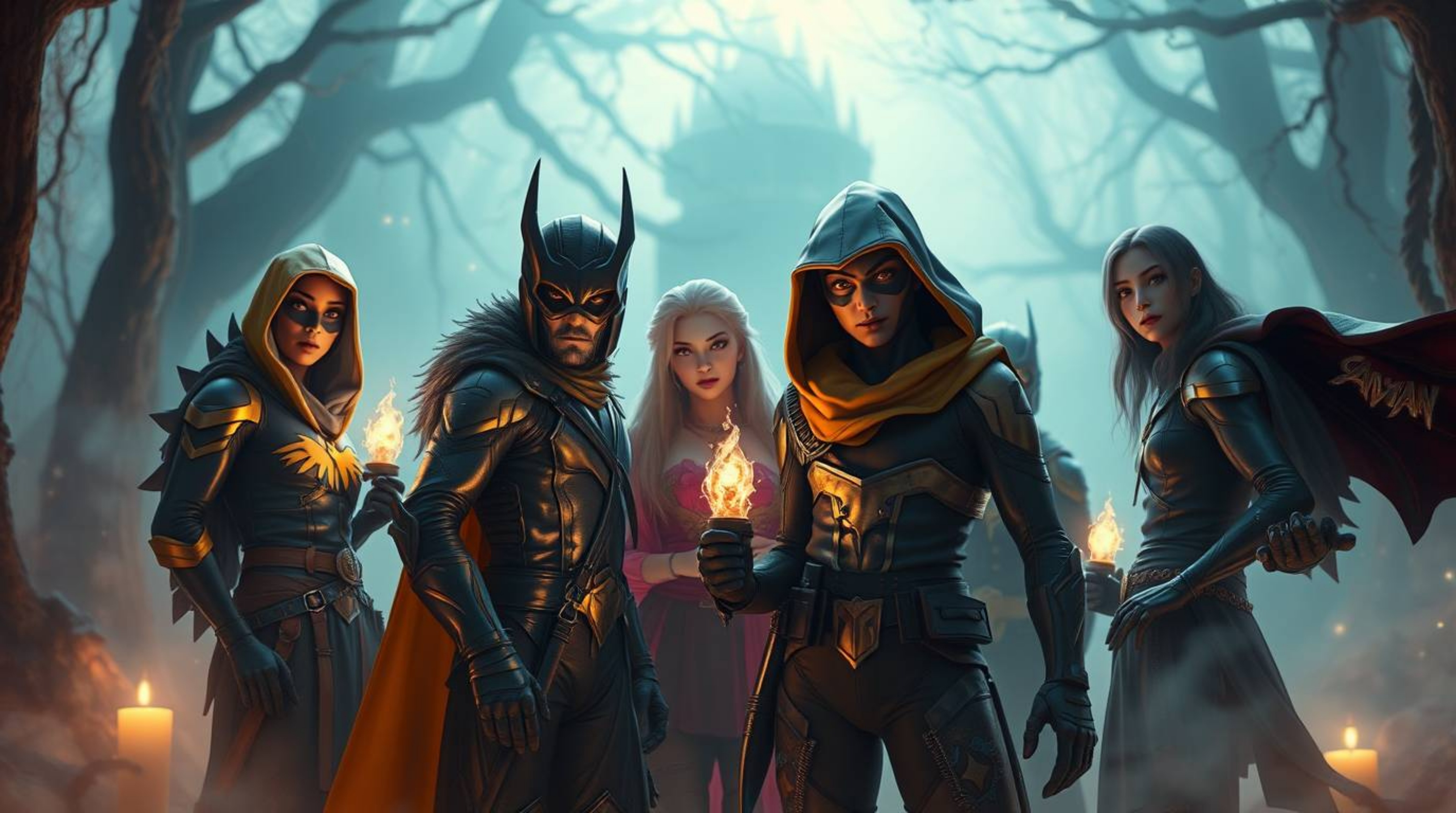 Discover a captivating high-resolution stock photo showcasing a team of misfit heroes uniting in a mystic and enchanting envi