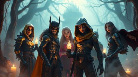 Discover a captivating high-resolution stock photo showcasing a team of misfit heroes uniting in a mystic and enchanting envi