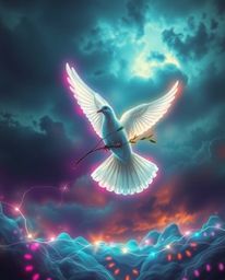 A captivating piece of creative light art depicts a dove carrying an olive branch amidst stormy skies.  The artwork features 