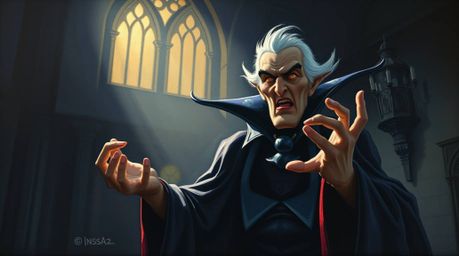 A captivating oil painting in the classic style depicts a Disney villain casting a spell within a dimly lit castle.  The artw