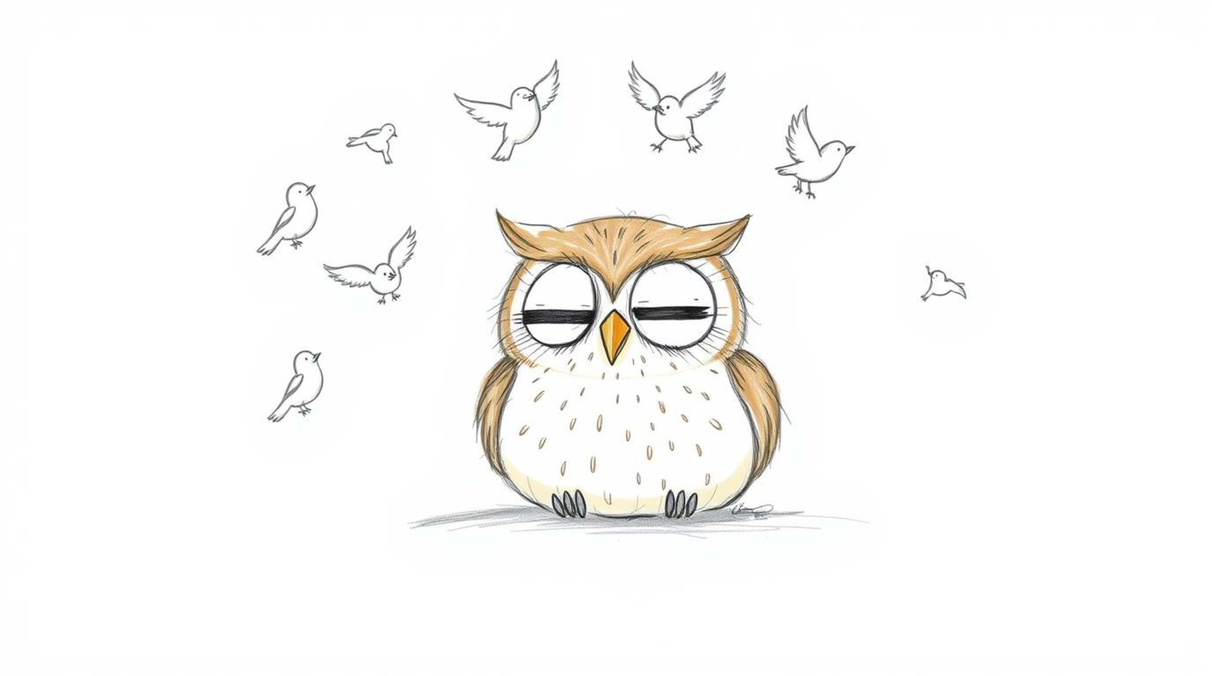 A heartwarming hand-drawn sketch in the style of Pixar depicts a gentle, blind owl with soft, light brown plumage peacefully 