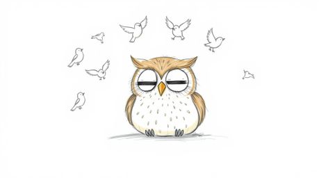 A heartwarming hand-drawn sketch in the style of Pixar depicts a gentle, blind owl with soft, light brown plumage peacefully 