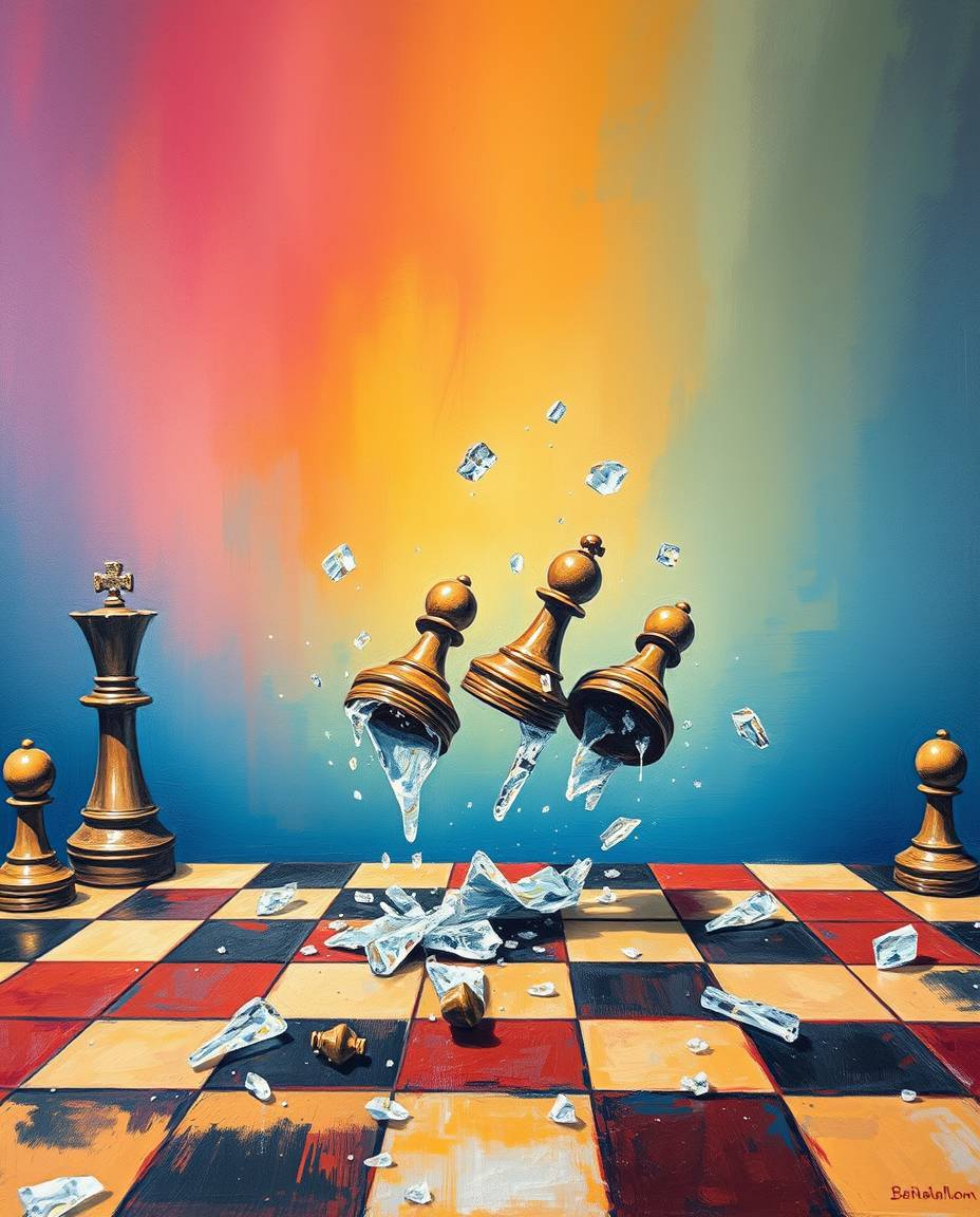 A captivating bold acrylic painting depicts a chessboard with pieces suspended mid-air in a moment of frozen destruction.  Th