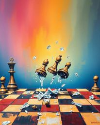 A captivating bold acrylic painting depicts a chessboard with pieces suspended mid-air in a moment of frozen destruction.  Th