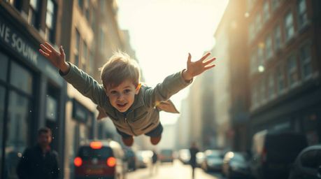 A captivating street photograph depicts a young boy seemingly flying above London, sprinkled with pixie dust.  The dramatic l