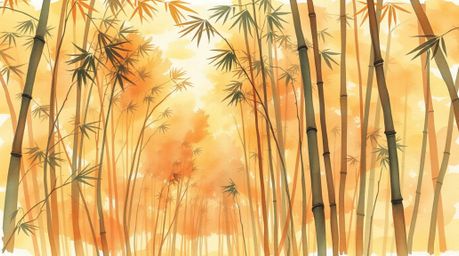 A breathtaking watercolor painting depicts a bamboo forest bathed in the warm glow of a setting sun.  The high-angle perspect