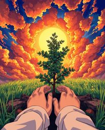 An isekai anime-style illustration, viewed from a low angle, showcases hands lovingly planting a tree beneath a dramatic gold