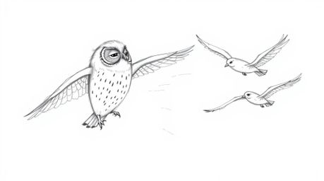 A captivating hand-drawn sketch in the style of Pixar depicts a blind owl, head tilted, mentoring a group of birds in flight.