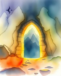 This delicate watercolor painting captures the mystic essence of an ancient doorway, glowing with runes, embedded in the side