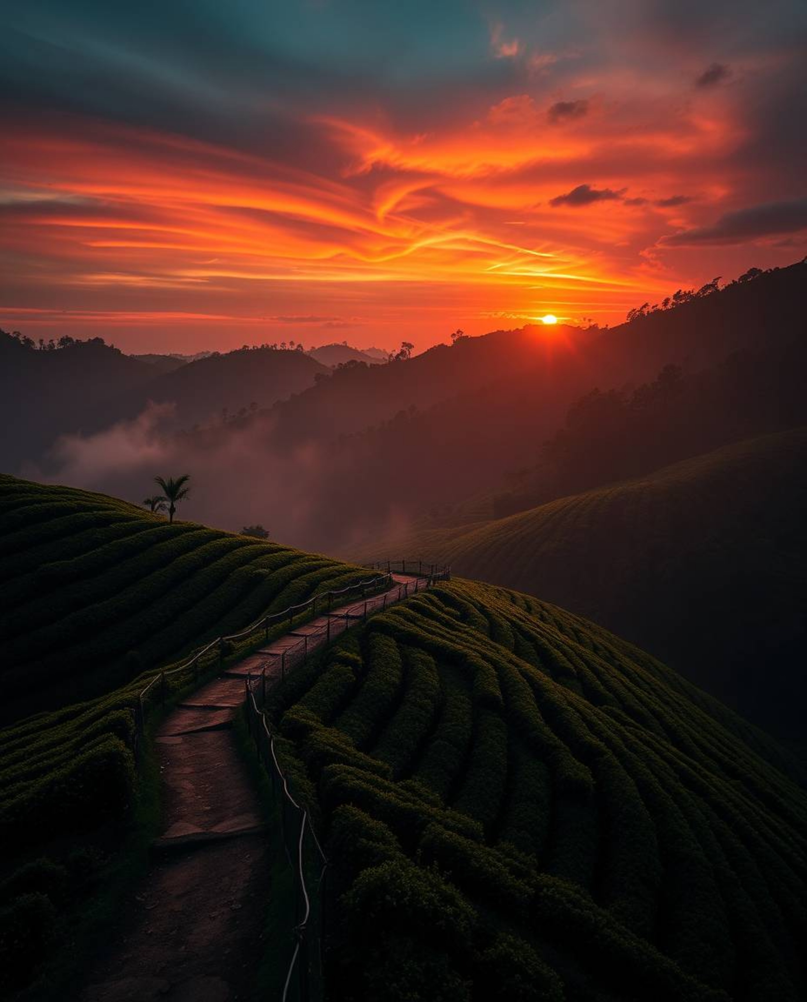A scene of intense dramatic lighting casts vibrant sunset hues over terraced tea plantations. This high-resolution, high-cont