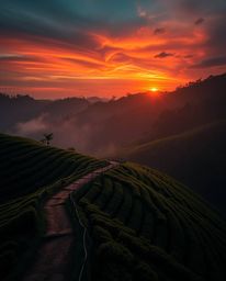 A scene of intense dramatic lighting casts vibrant sunset hues over terraced tea plantations. This high-resolution, high-cont