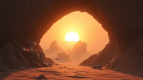 A captivating image depicting a futuristic sci-fi sunset viewed through a desert rock arch.  The scene features advanced tech