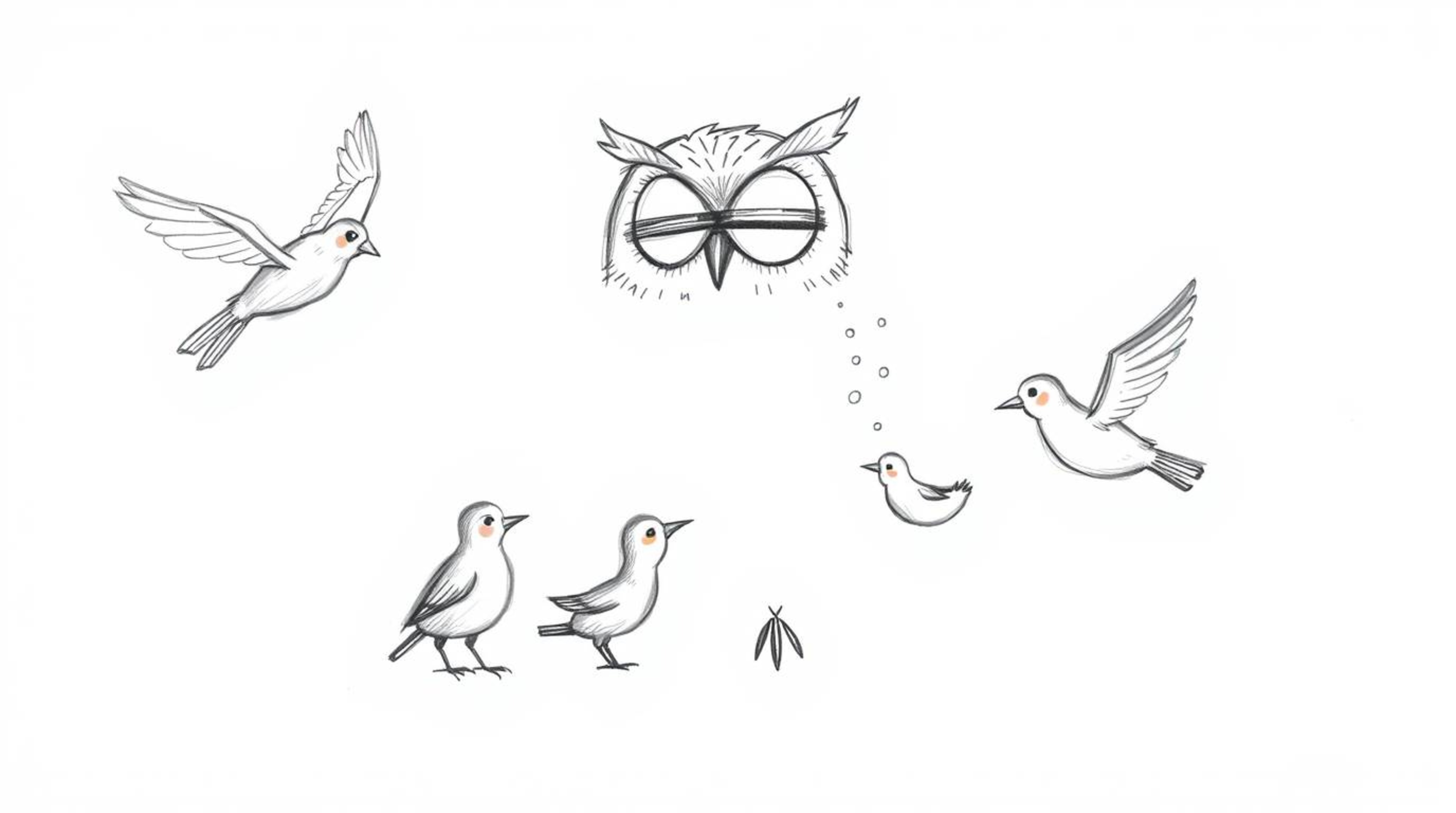 A heartwarming hand-drawn Pixar style sketch depicts a blind owl teaching a group of birds how to fly. The rough, textured pe