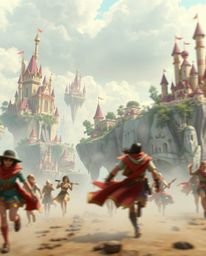 Discover a vibrant, dynamic artwork showcasing a whimsical kingdom with floating islands and majestic castles. Rendered in a