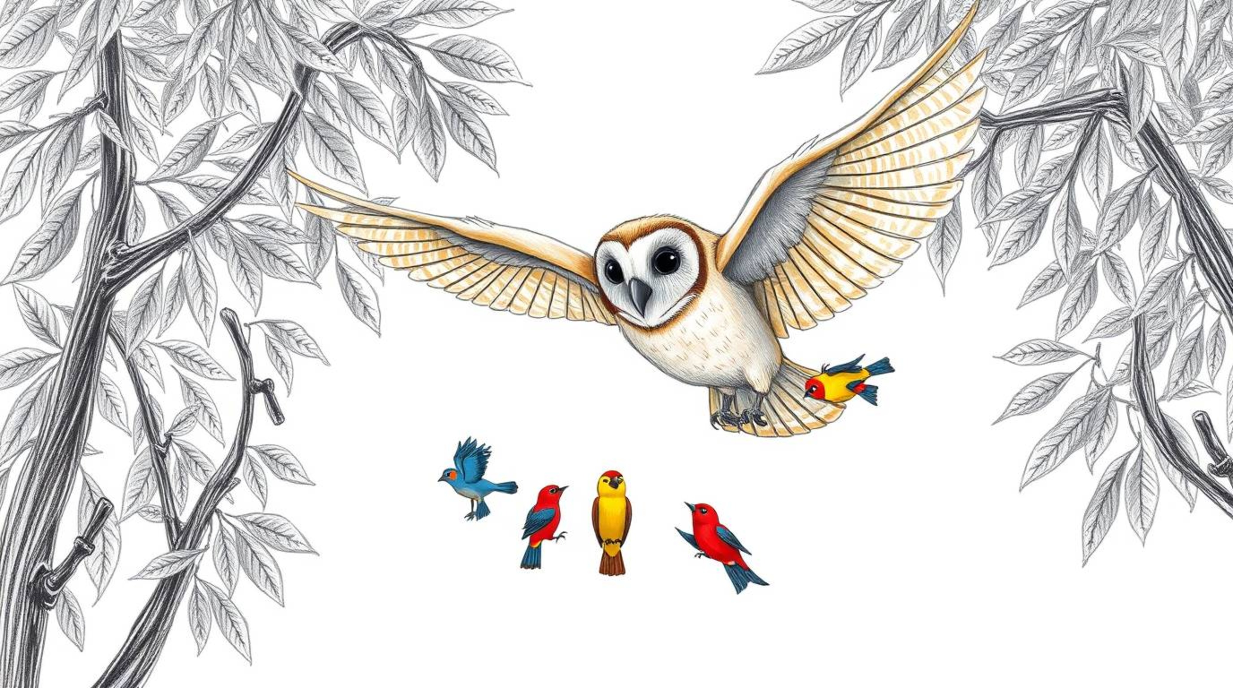 A heartwarming Pixar-style hand-drawn sketch depicts a gentle, blind owl with soft, light brown feathers, effortlessly glidin