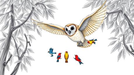 A heartwarming Pixar-style hand-drawn sketch depicts a gentle, blind owl with soft, light brown feathers, effortlessly glidin