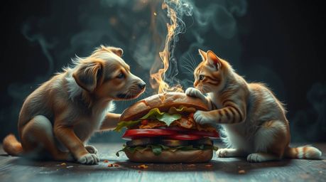 This captivating split image portrays a comical yet ethereal scene of a dog and cat fiercely contesting ownership of a giant 