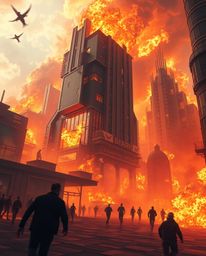 Witness an epic scene of a modern, futuristic city engulfed in flames, rendered with surreal and dreamlike imagery. People ar