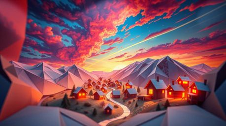 Explore an intricate origami-style depiction of a cozy village nestled in a valley beneath a vibrant, colorful sky. This artw