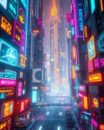 A captivating piece of creative light art depicts a futuristic city malfunctioning in glitch mode.  The artwork features flic