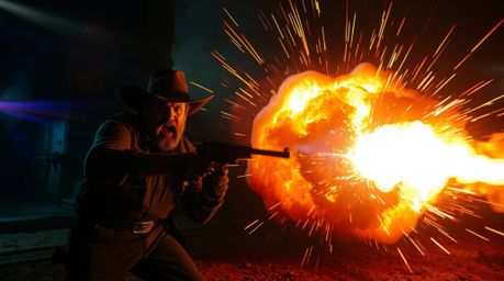 Experience a classic exploding TNT gag in the wild west, depicted in vibrant colors, light streaks, and bright lens flares. T