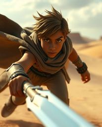 Embark on a captivating Disney-esque desert adventure with a brave hero, rendered in a dramatic, cinematic style. The compos