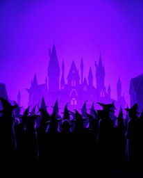 Immerse yourself in a magical school brimming with young wizards, silhouetted against a deep ultraviolet backdrop.  Featuring