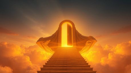 A breathtaking image depicts a heavenly gate floating amidst clouds, bathed in warm, candlelight-like golden light. Stairs as