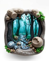 This sculptural clay art piece captures a mesmerizing wet rainy scene, enhanced by a digital glitch effect overlaid on a natu