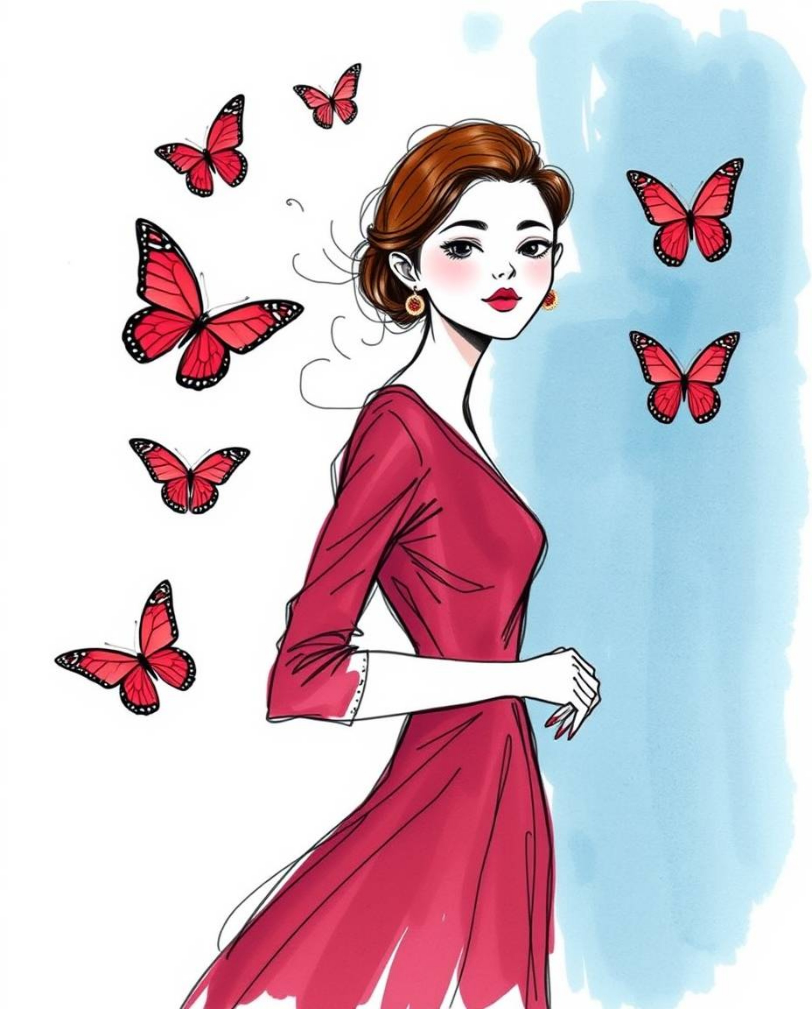 A sophisticated and elegant girl releases butterflies in a vibrant hand-drawn sketch.  The artwork features rich burgundy and