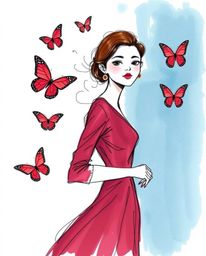 A sophisticated and elegant girl releases butterflies in a vibrant hand-drawn sketch.  The artwork features rich burgundy and