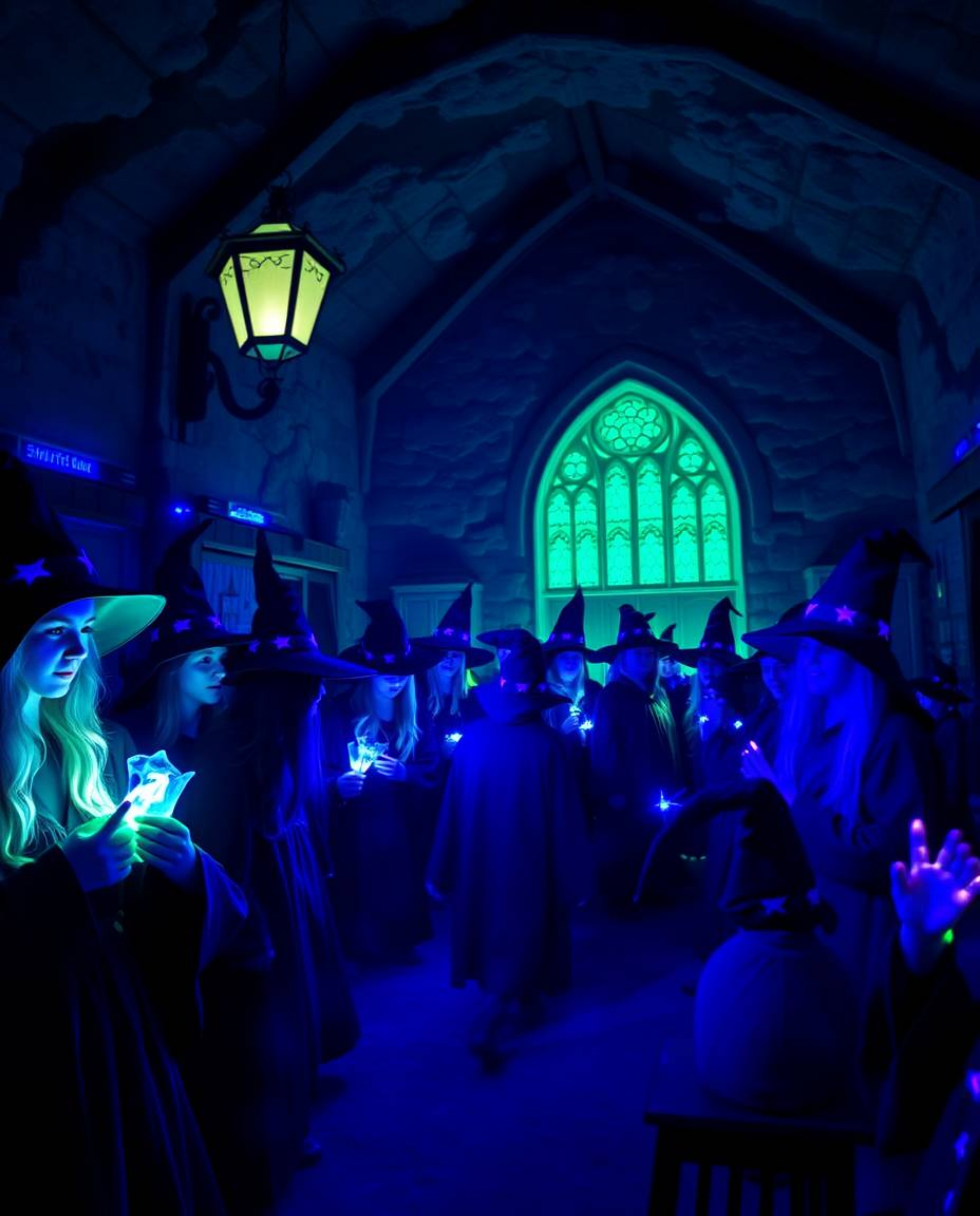 Immerse yourself in a magical school teeming with young wizards, bathed in the cool, otherworldly glow of bioluminescent colo