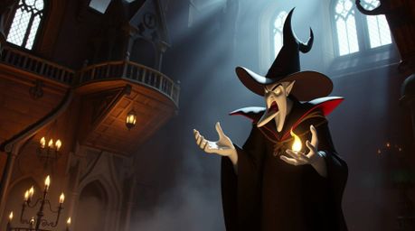 A classic Disney villain conjures a spell within a dreamlike, surreal old castle. The scene is bathed in gentle, soft light
