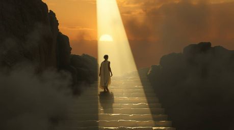 A lone figure with soft features and light brown skin ascends a stone staircase bathed in a divine beam of light against a ba