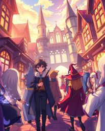 A captivating Isekai-style anime illustration showcases a magical school brimming with young wizards. Bathed in the warm glow