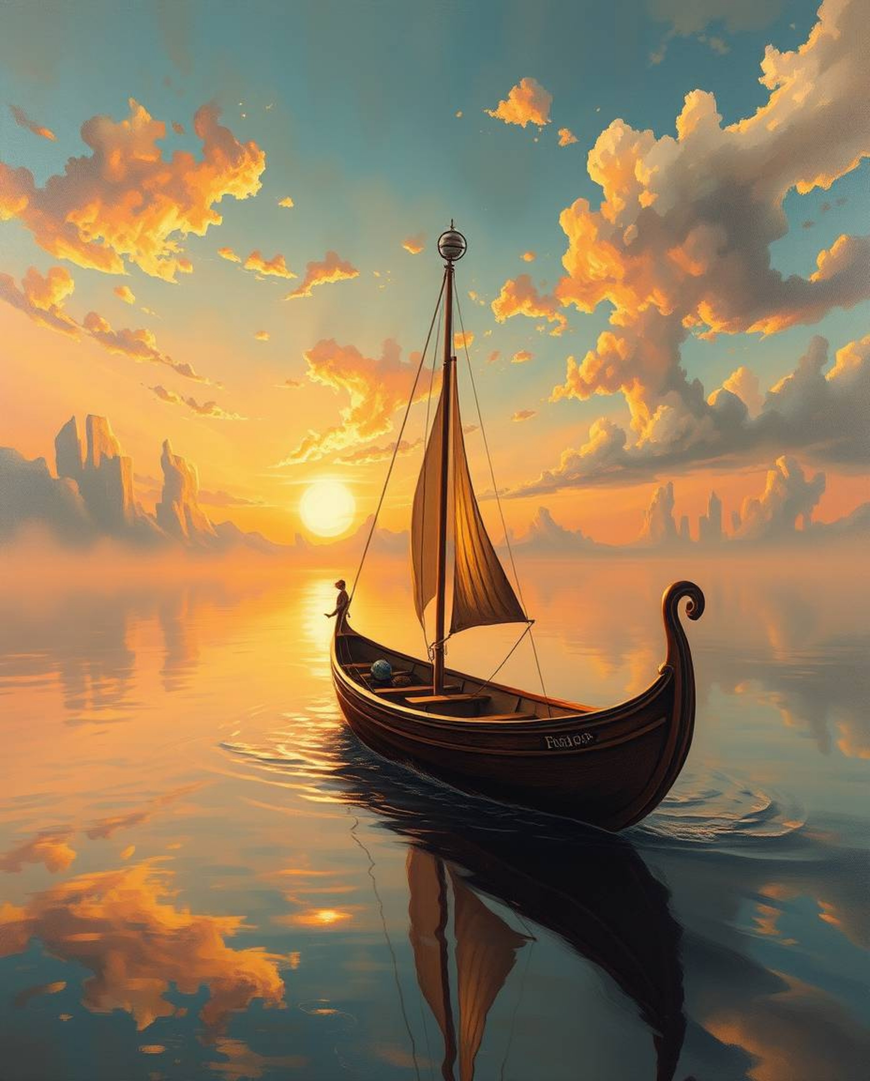 A dreamlike, surreal oil painting captures a boat gracefully drifting on a sunset lake. The scene is imbued with fantastical 