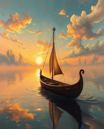 A dreamlike, surreal oil painting captures a boat gracefully drifting on a sunset lake. The scene is imbued with fantastical 