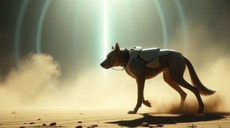 Imagine a futuristic canine companion embarking on a self-guided stroll through the vastness of space. This epic scene unfold