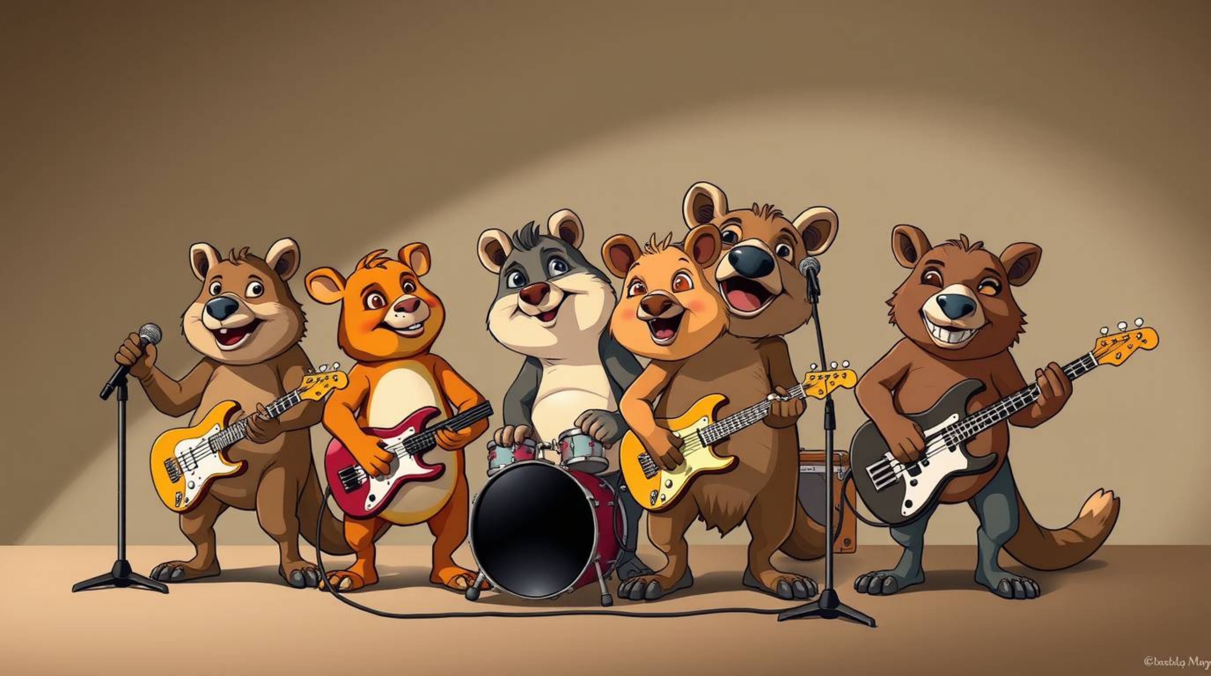 A captivating illustration showcases a band of cartoon animals rocking out!  Rendered in natural earth tones with strong, har