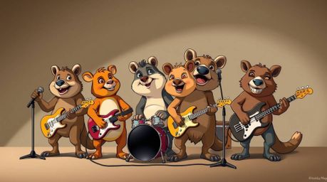 A captivating illustration showcases a band of cartoon animals rocking out!  Rendered in natural earth tones with strong, har