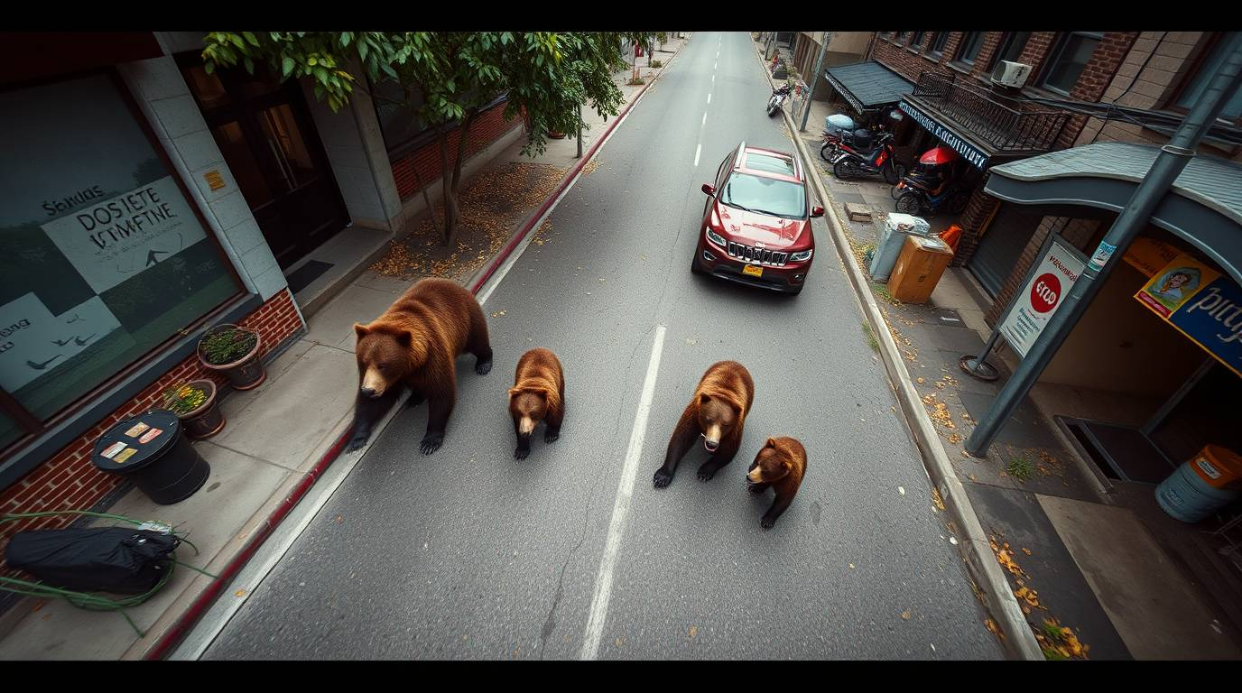 This captivating high-angle photograph captures a bear family embarking on an unexpected urban adventure.  The image showcase
