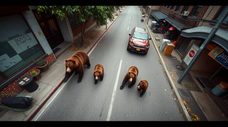 This captivating high-angle photograph captures a bear family embarking on an unexpected urban adventure. The image showcase