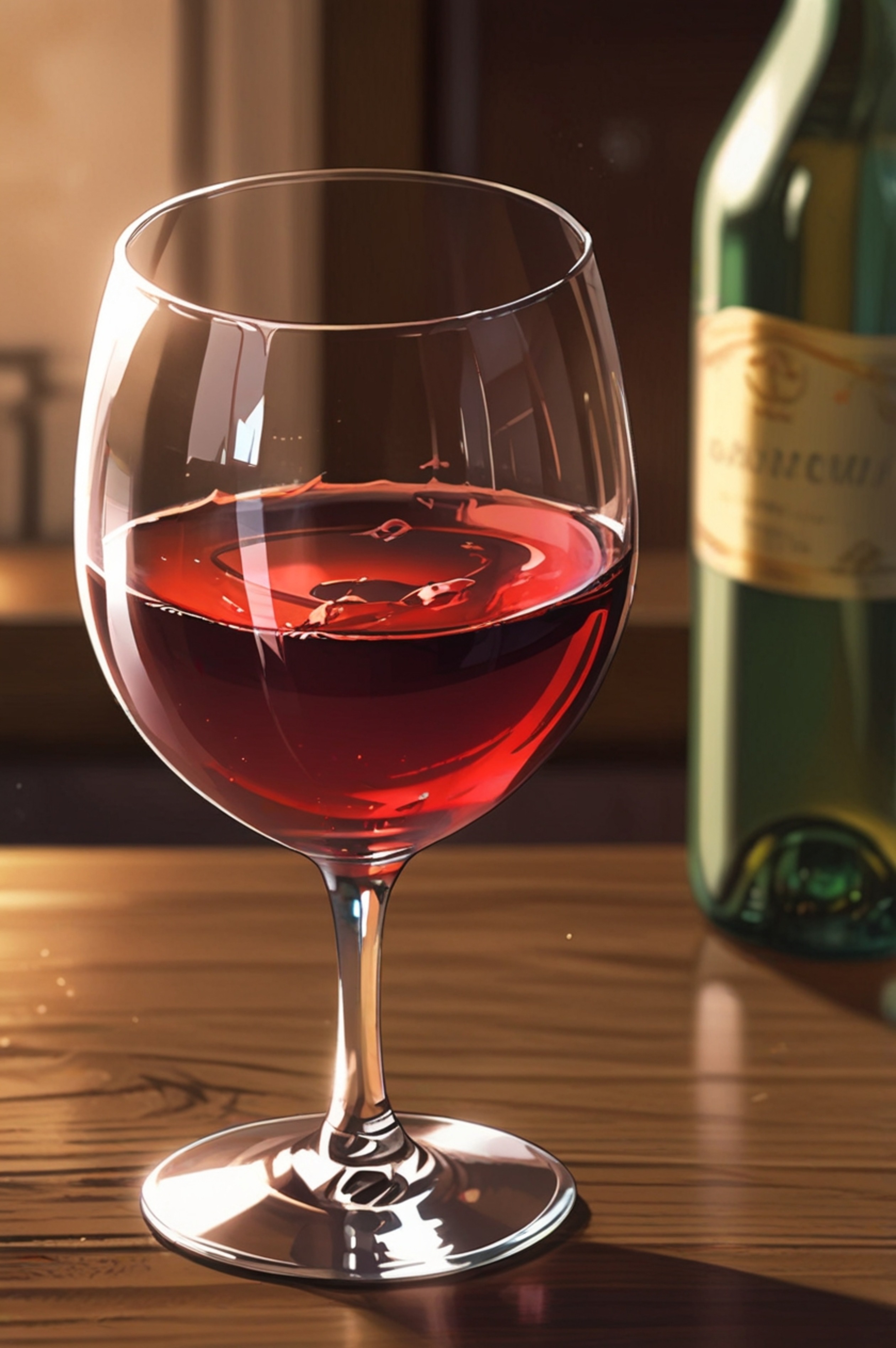 A captivating image featuring a crystal wine glass, elegantly holding a generous pour of deep red wine. The glass rests grace