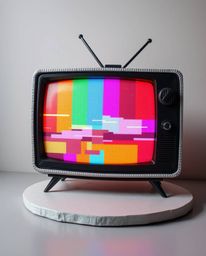 A stunning sculpted papier-mâché artwork captures a retro TV screen glitch static with vibrant RGB separation. The piece feat