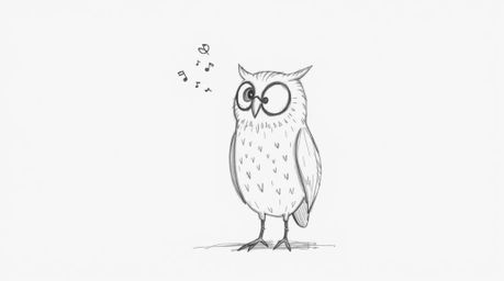 A whimsical, hand-drawn sketch in the style of Pixar depicts a blind owl advising birds on flying through musical chirps. Ren