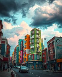 Experience a captivating surreal street scene rendered in vibrant colors and a cinematic style.  Buildings fold and twist aga