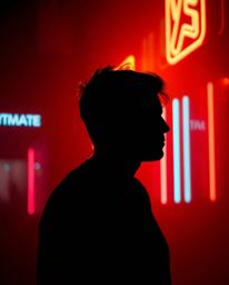 This image captures a silhouetted figure backlit by a warm, slightly dark, soft light within a futuristic cyberpunk environme